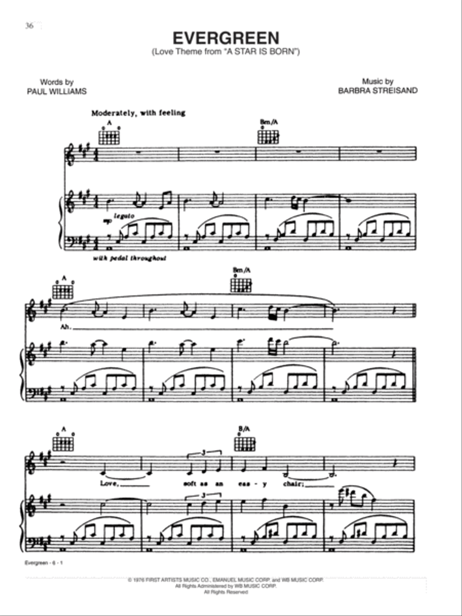 Evergreen (Love Theme from A Star Is Born) Piano, Vocal, Guitar scores gallery preview page 1