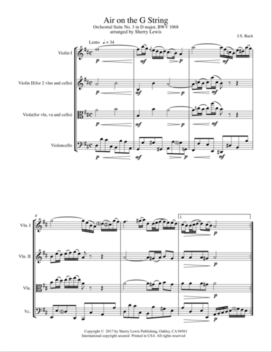 AIR ON THE G STRING for String Trio, Intermediate Level for 2 violins and cello or violin, viola and String Trio scores gallery preview page 4