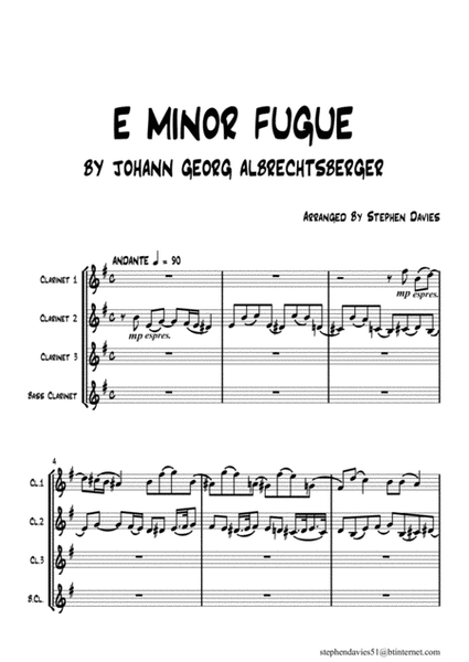 'E Minor Fugue' by Johann Georg Albrechtsberger for Clarinet Quartet. image number null