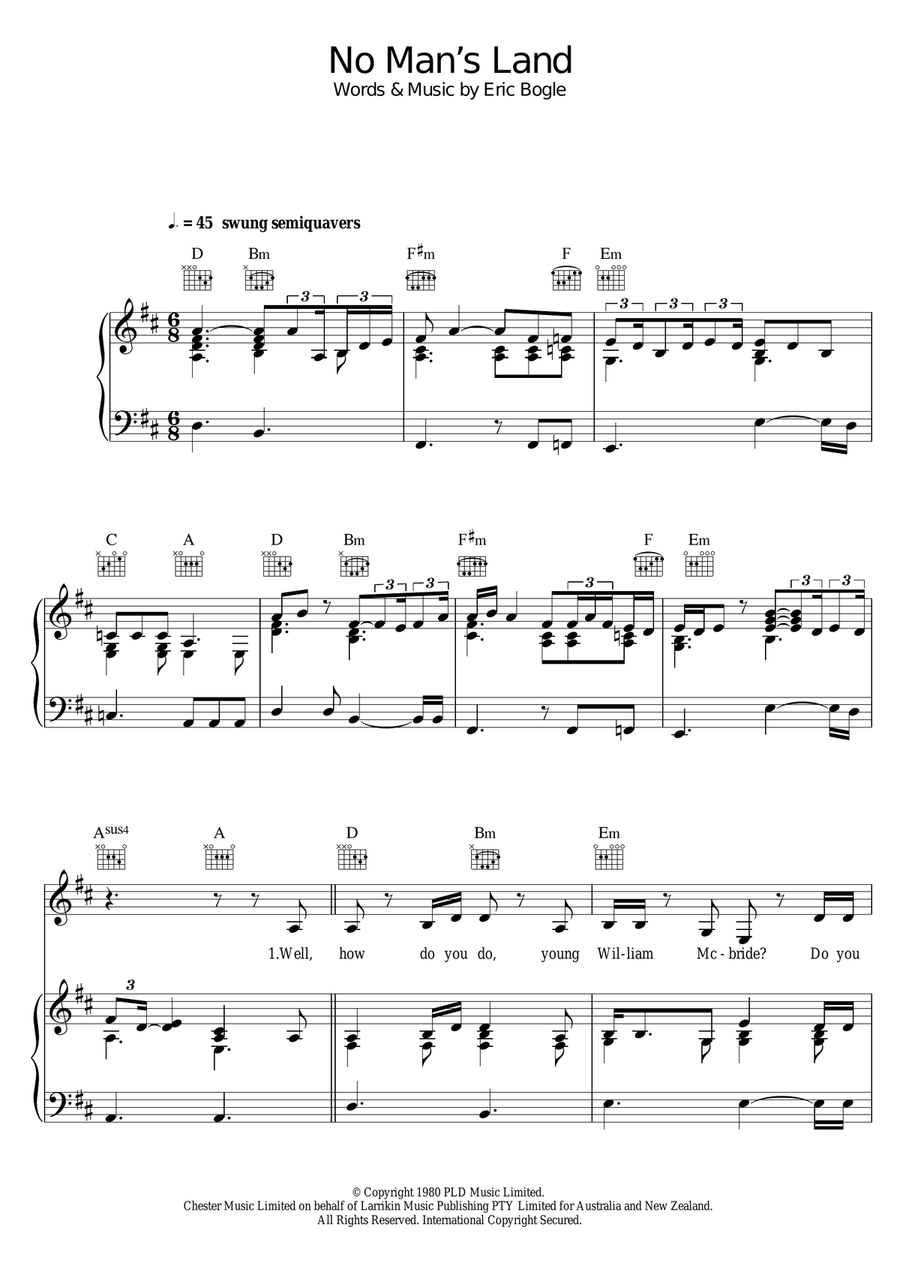 No Man's Land / The Green Fields Of France (feat. Jeff Beck) Piano, Vocal, Guitar scores gallery preview page 1