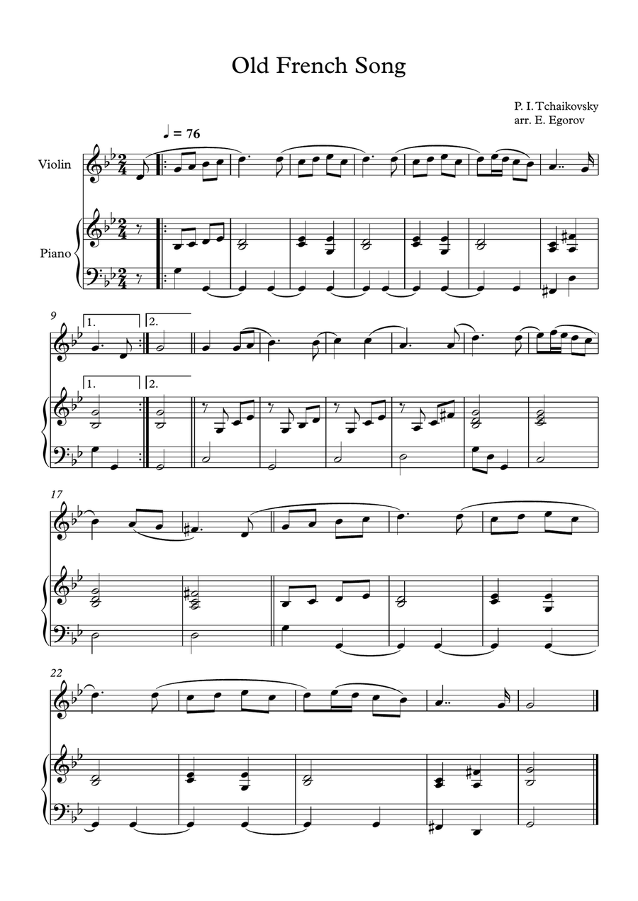 Old French Song, Peter Ilyich Tchaikovsky, For Violin & Piano Violin Solo scores gallery preview page 1