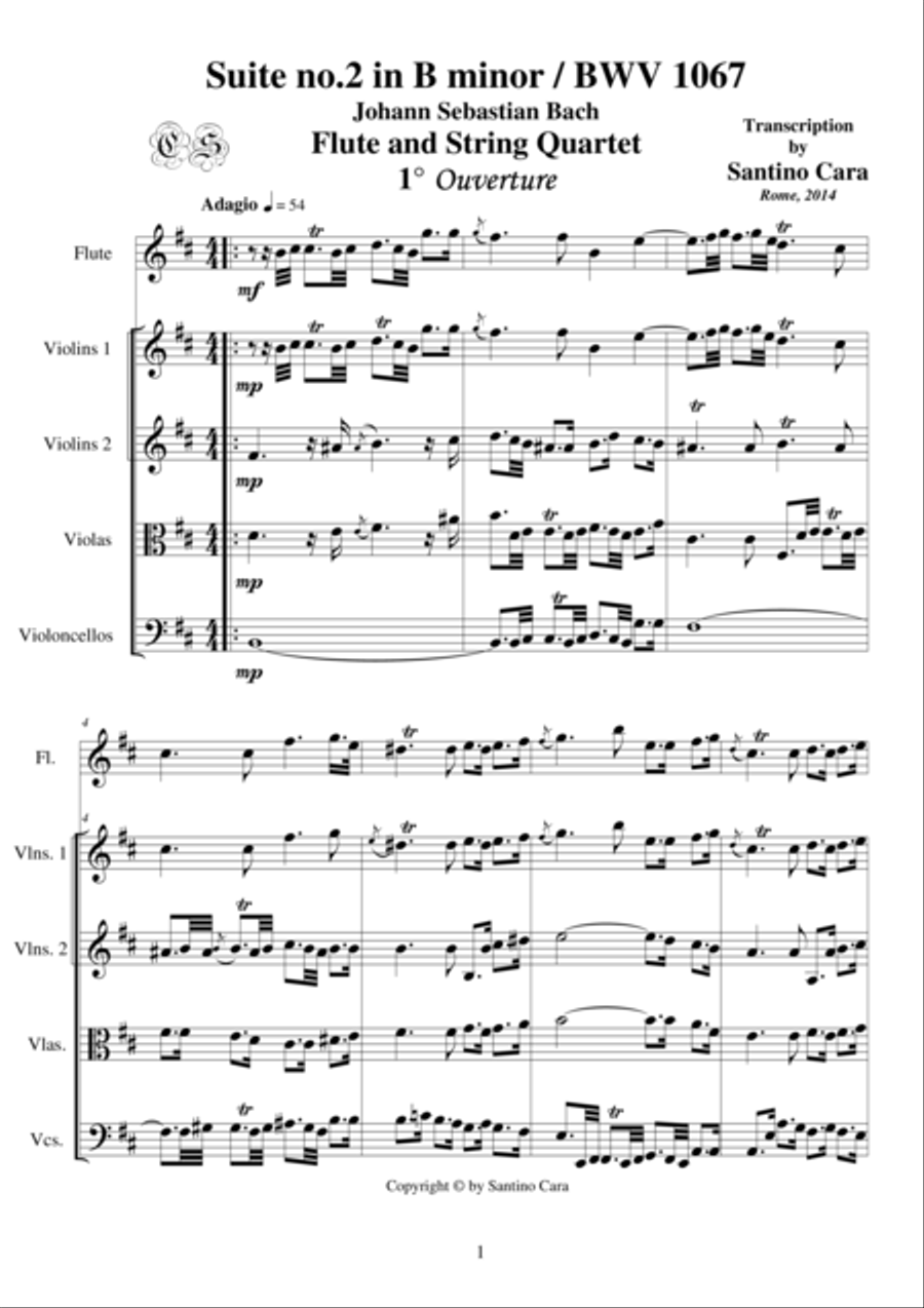 J.S.Bach-Suite no.2 in B minor-BWV1067- Flute and String Quartet Flute scores gallery preview page 1