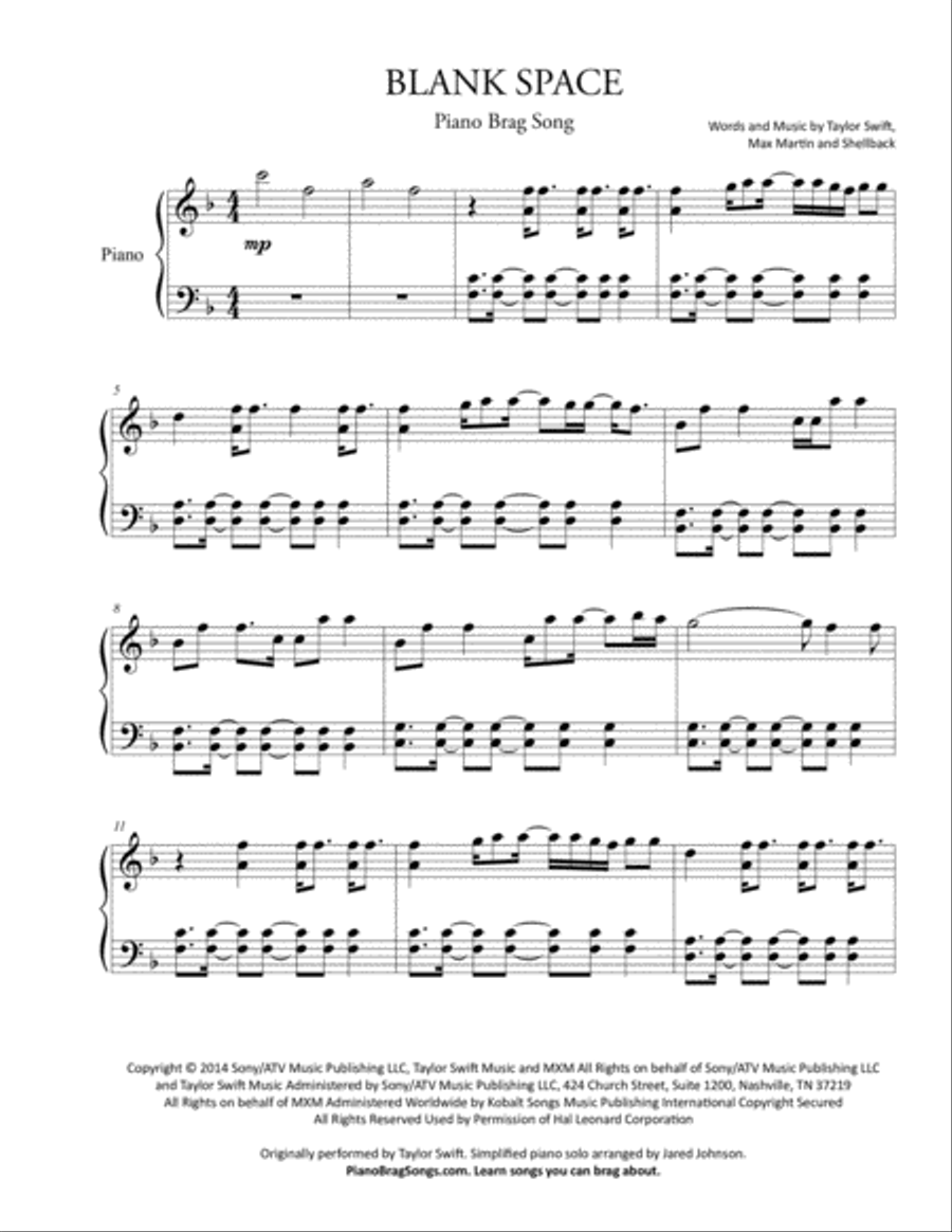 Blank Space Piano Solo scores gallery preview page 1