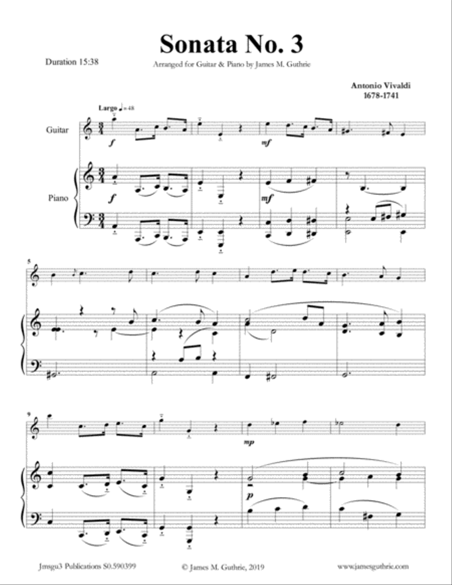 Vivaldi: Sonata No. 3 for Guitar & Piano Classical Guitar scores gallery preview page 1