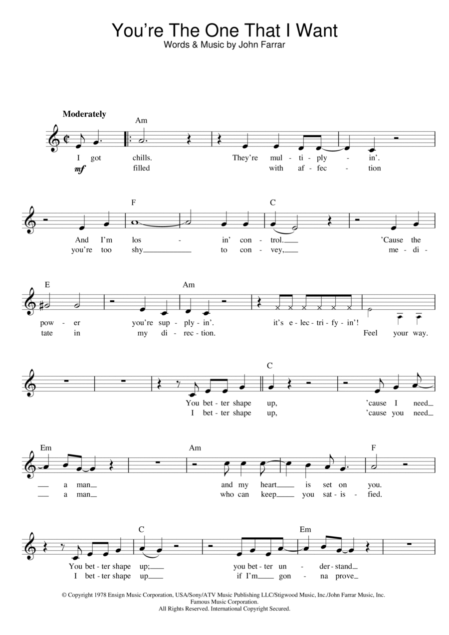 You're The One That I Want (from Grease) Piano scores gallery preview page 1