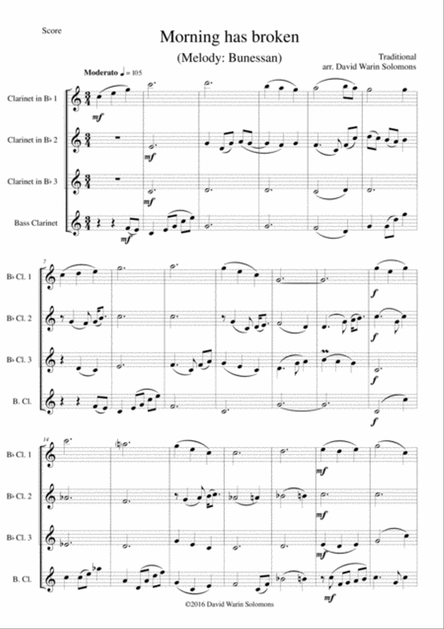 Variations on Morning has broken (Bunessan) for clarinet quartet (3 B flats and 1 bass) Clarinet Quartet scores gallery preview page 1