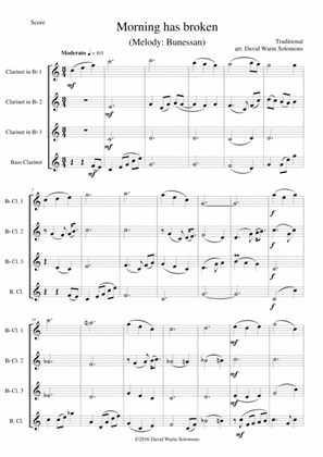Variations on Morning has broken (Bunessan) for clarinet quartet (3 B flats and 1 bass)