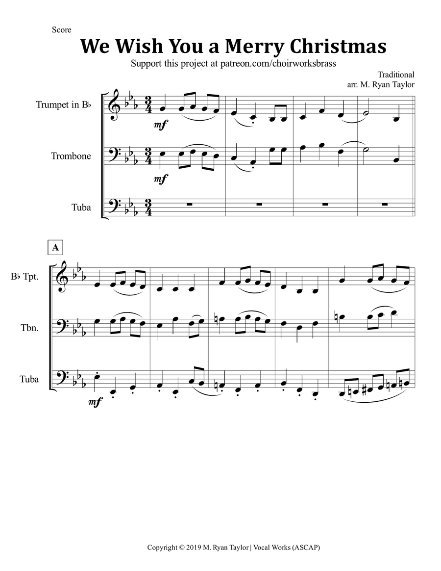 We Wish You a Merry Christmas for Brass Trio (Trumpet, Trombone, Tuba) Brass Trio scores gallery preview page 1