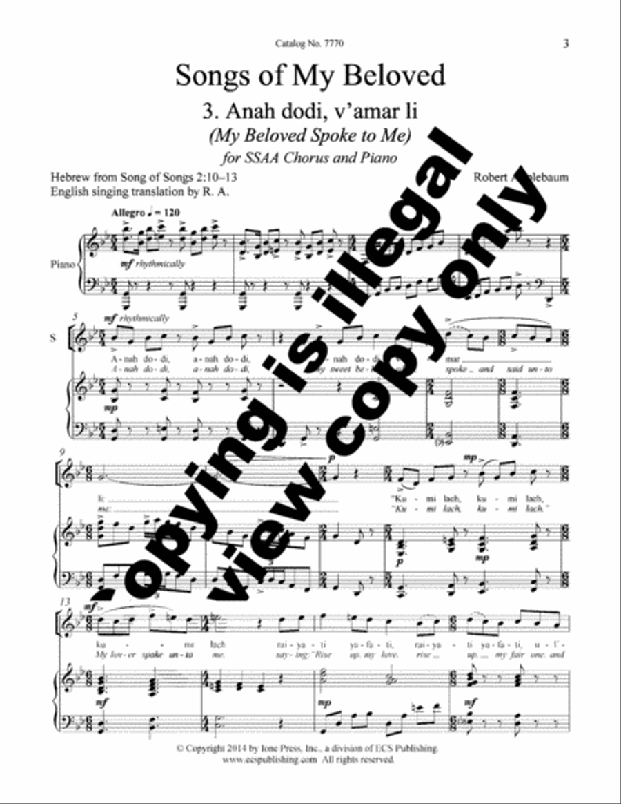 Songs of My Beloved: 3. Anah Dodi, V'amar Li (My Beloved Spoke to Me) SSAA scores gallery preview page 2