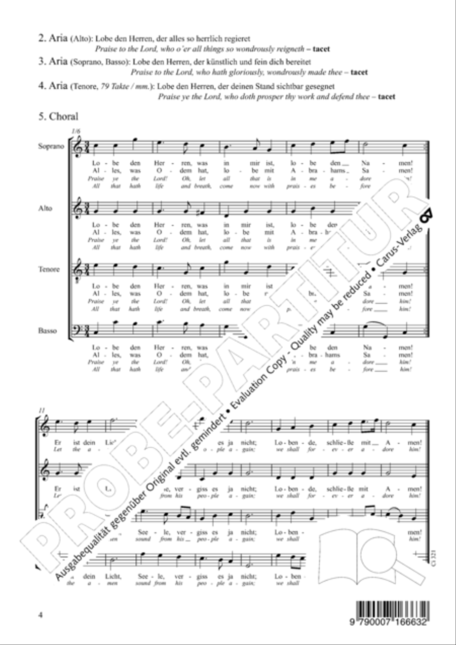 Praise ye, Almighty God, King and our ruler exalted (Lobe den Herren, den machtigen Konig der Ehren) ATB scores gallery preview page 5