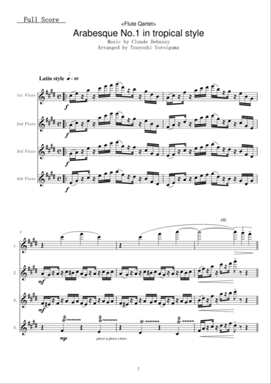 <Flute Qartet> Arabesque No.1 in tropical style Woodwind Quartet scores gallery preview page 1