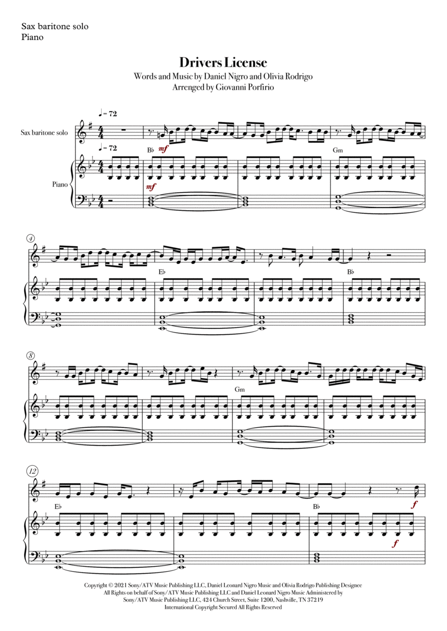 Drivers License Baritone Saxophone scores gallery preview page 1