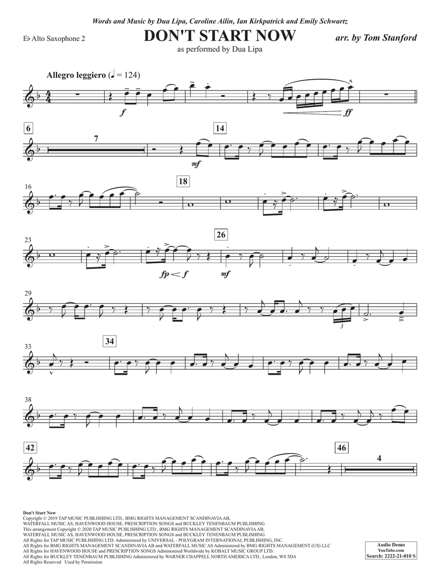 Don't Start Now (arr. Tom Stanford) - Eb Alto Saxophone 2