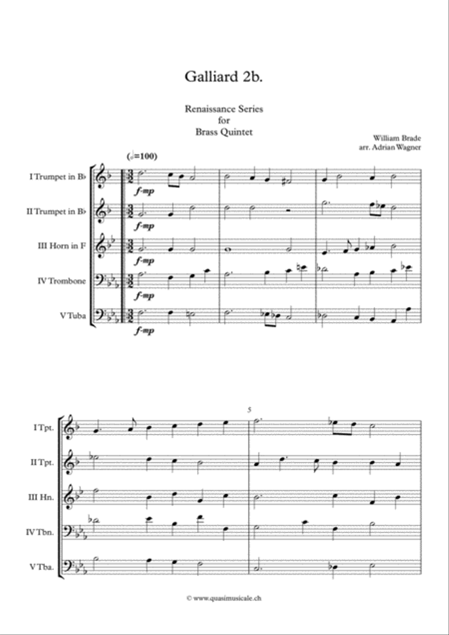Galliard 2b. (William Brade) Brass Quintet arr. Adrian Wagner Brass Quintet scores gallery preview page 2