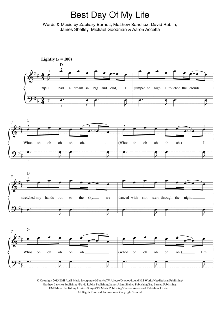 Best Day Of My Life Easy Piano scores gallery preview page 1