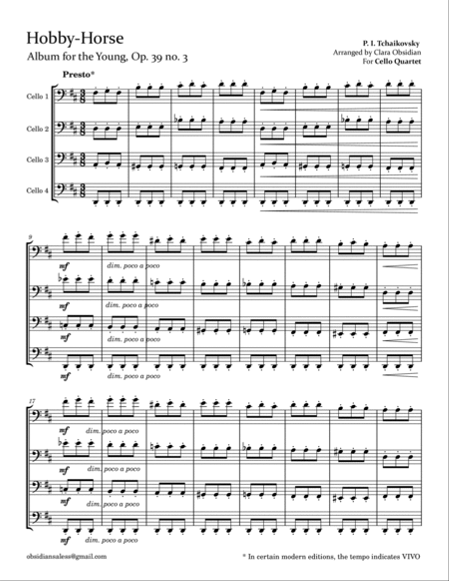 Album for the Young, op 39, No. 3: Hobby-Horse for Cello Quartet String Quartet scores gallery preview page 3