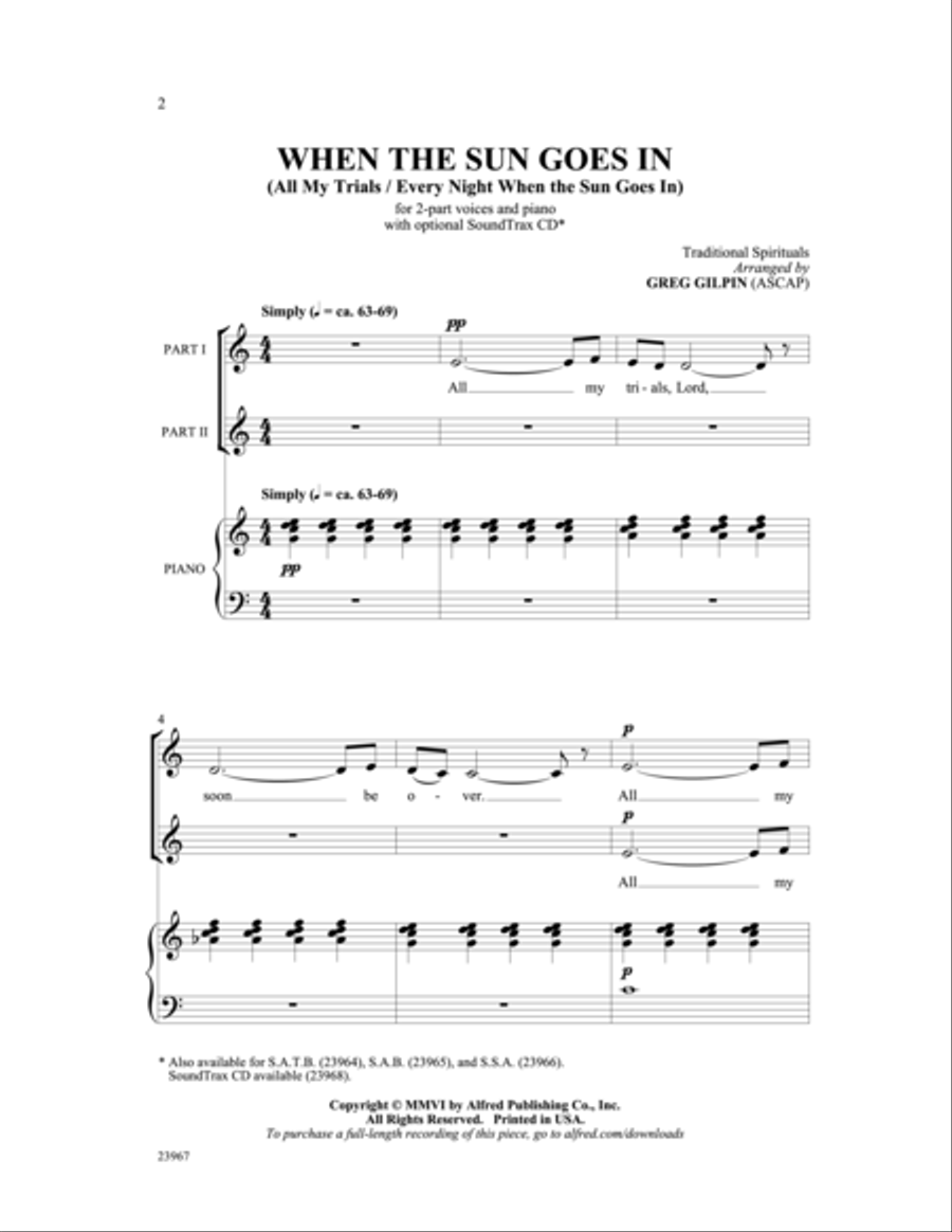 When the Sun Goes in (All My Trials / Every Night When the Sun Goes in) 2-Part scores gallery preview page 2