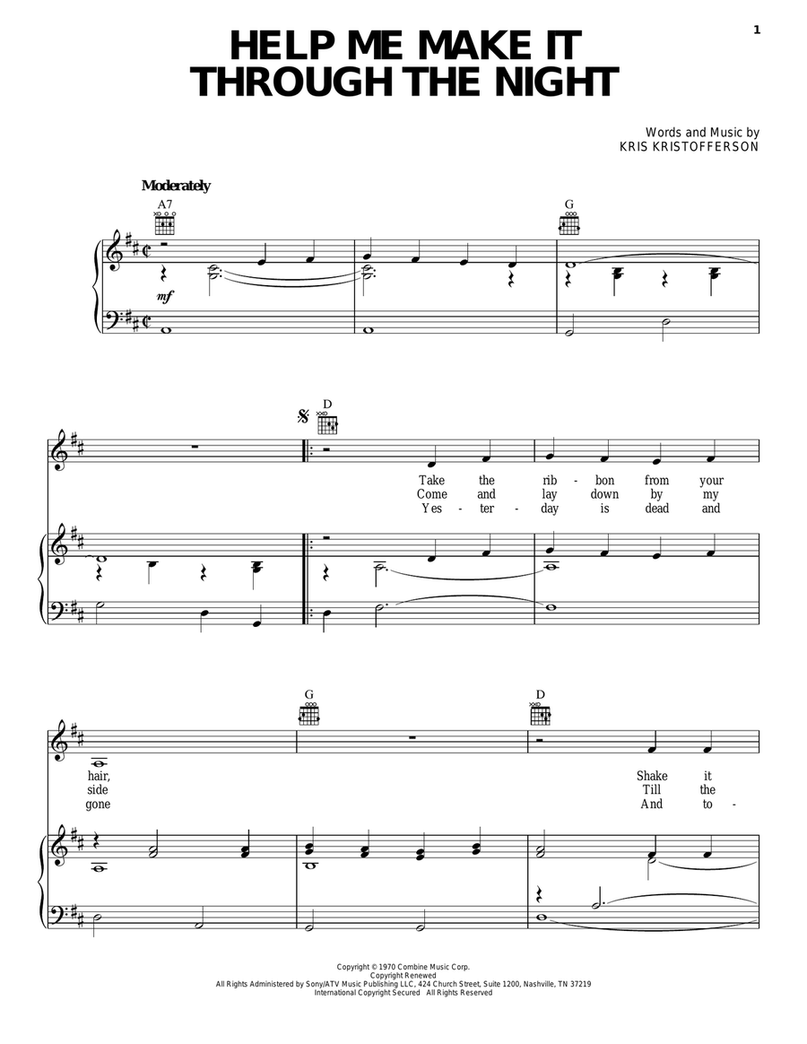 Help Me Make It Through The Night Piano, Vocal, Guitar scores gallery preview page 1