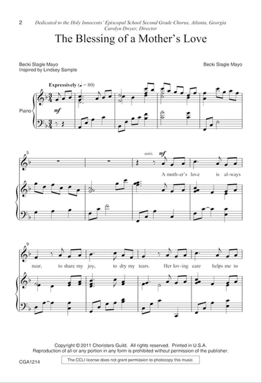 The Blessing of a Mother's Love Unison Choir scores gallery preview page 2