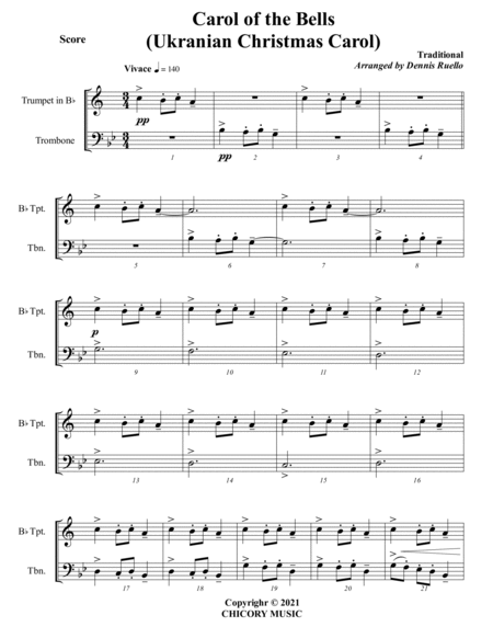 Carol of the Bells (Ukrainian Carol) - Trumpet and Trombone Duet - Intermediate image number null