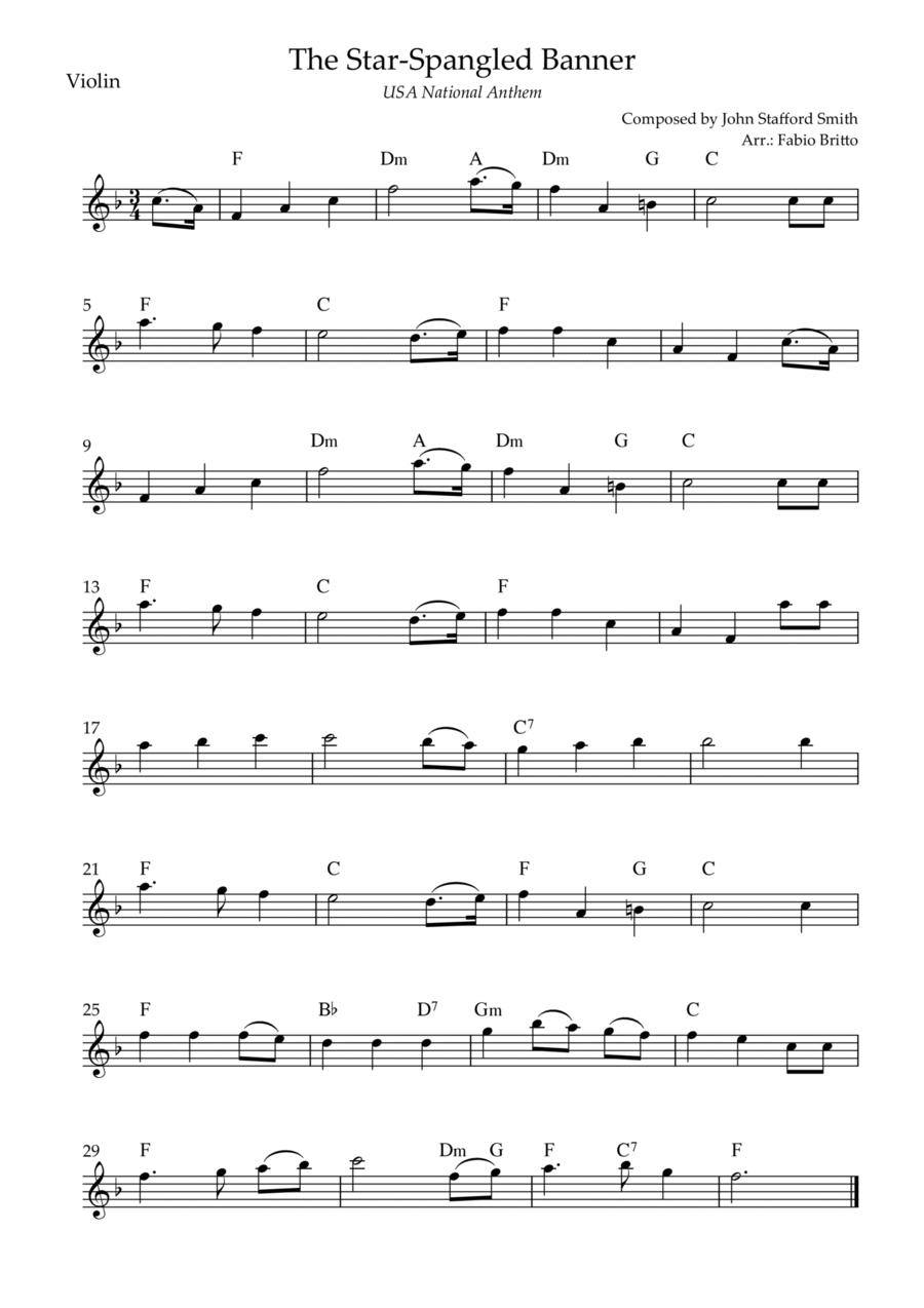 The Star Spangled Banner (USA National Anthem) for Violin Solo with Chords (F Major) Violin Solo scores gallery preview page 1