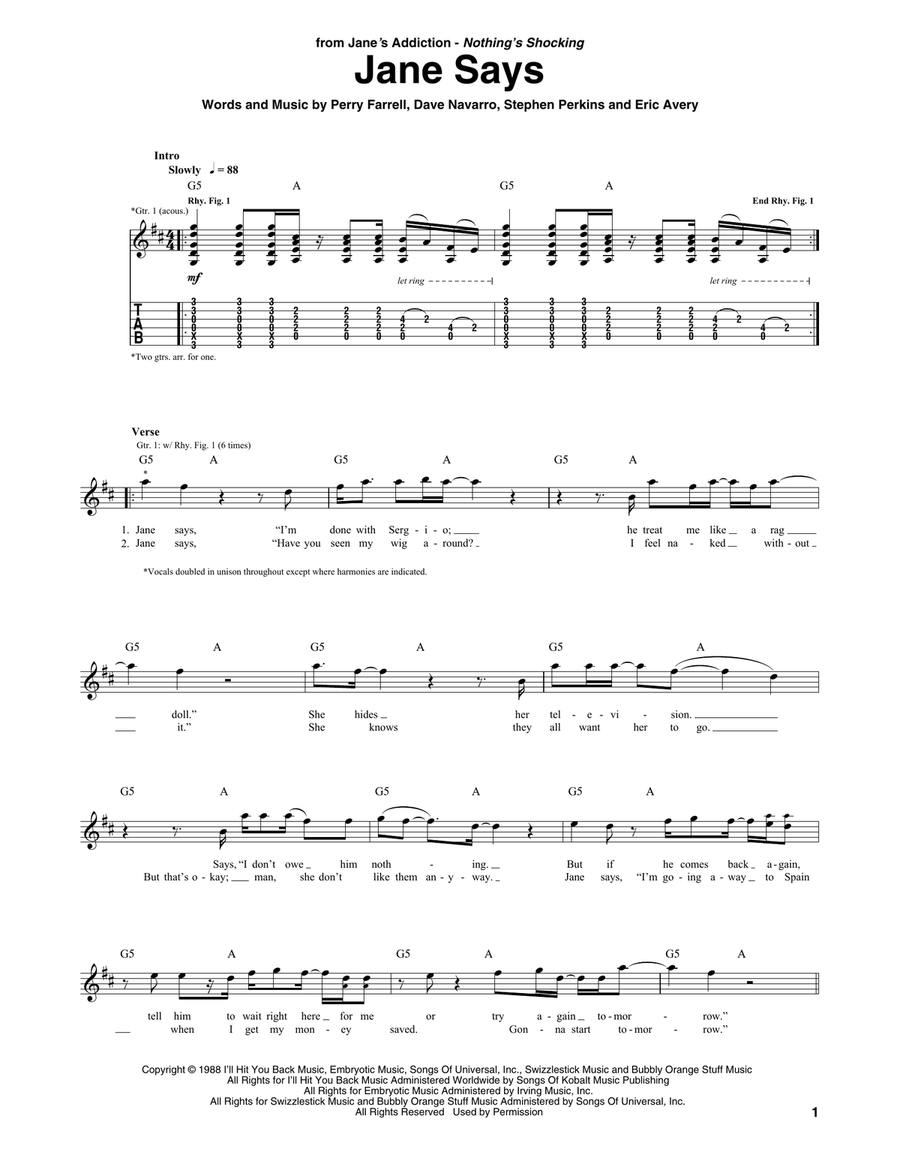 Jane Says Guitar Tablature scores gallery preview page 1