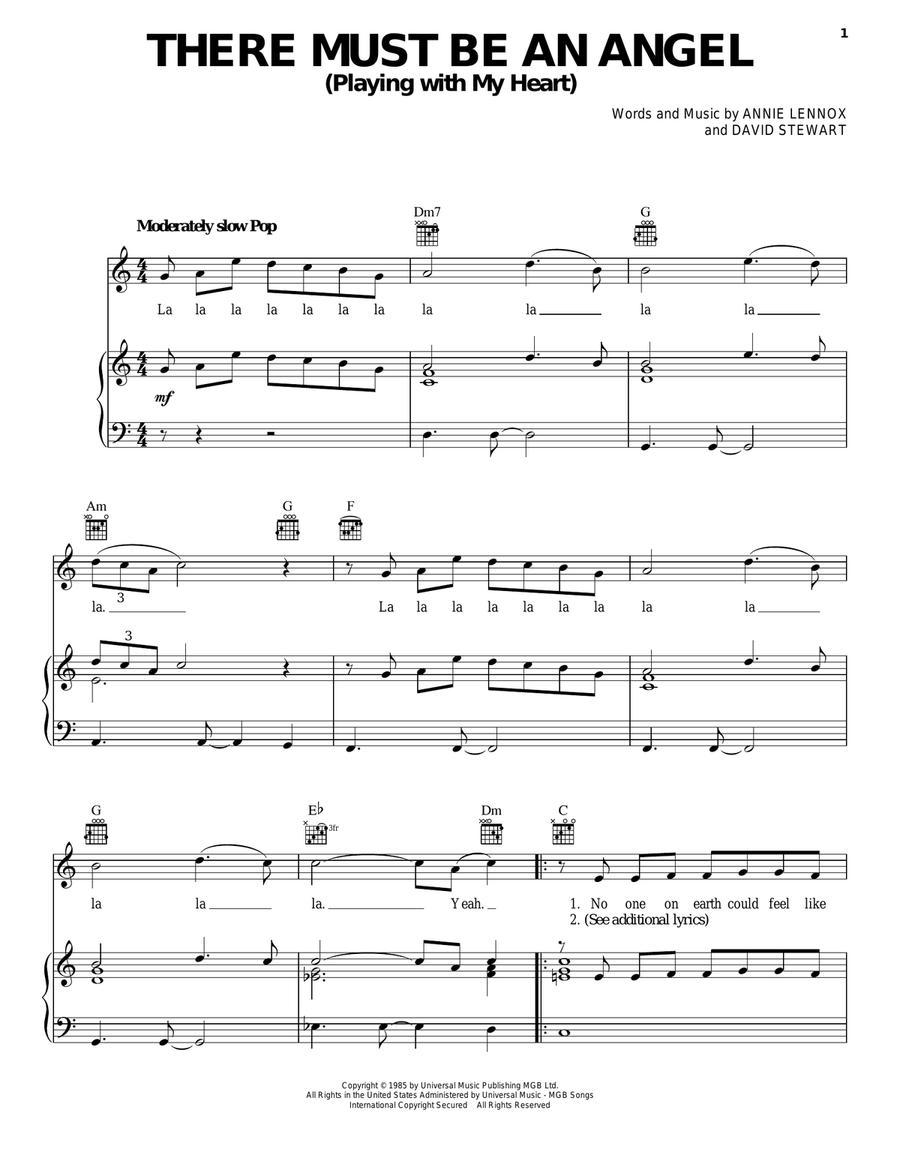 There Must Be An Angel (Playing With My Heart) Piano, Vocal, Guitar scores gallery preview page 1