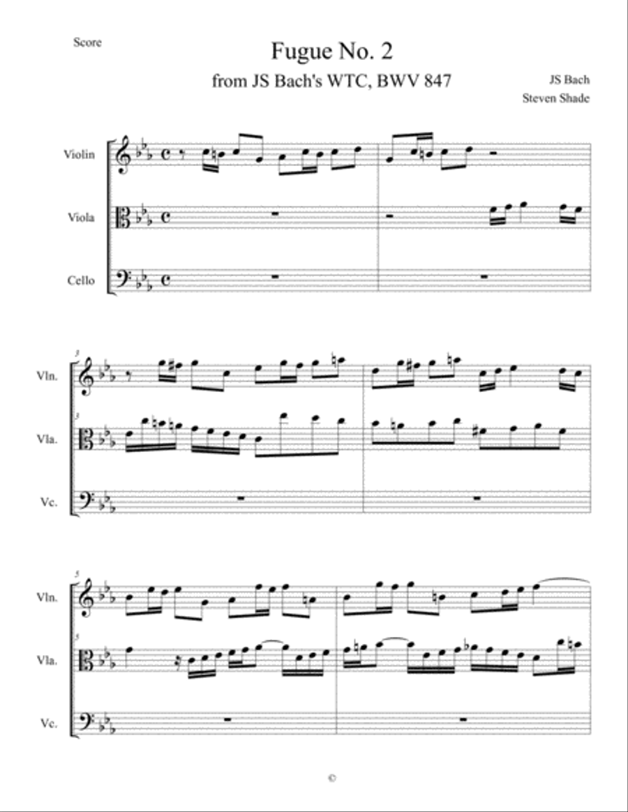 Bach - Fugue No. 2 in C minor, BWV 847 String Trio scores gallery preview page 1