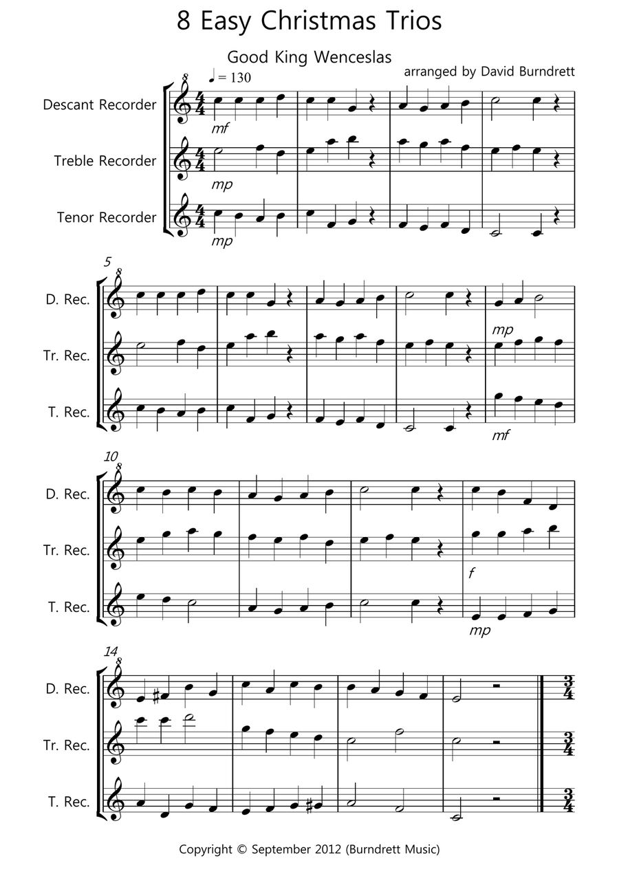 8 Easy Christmas Trios for Recorder Recorder scores gallery preview page 1