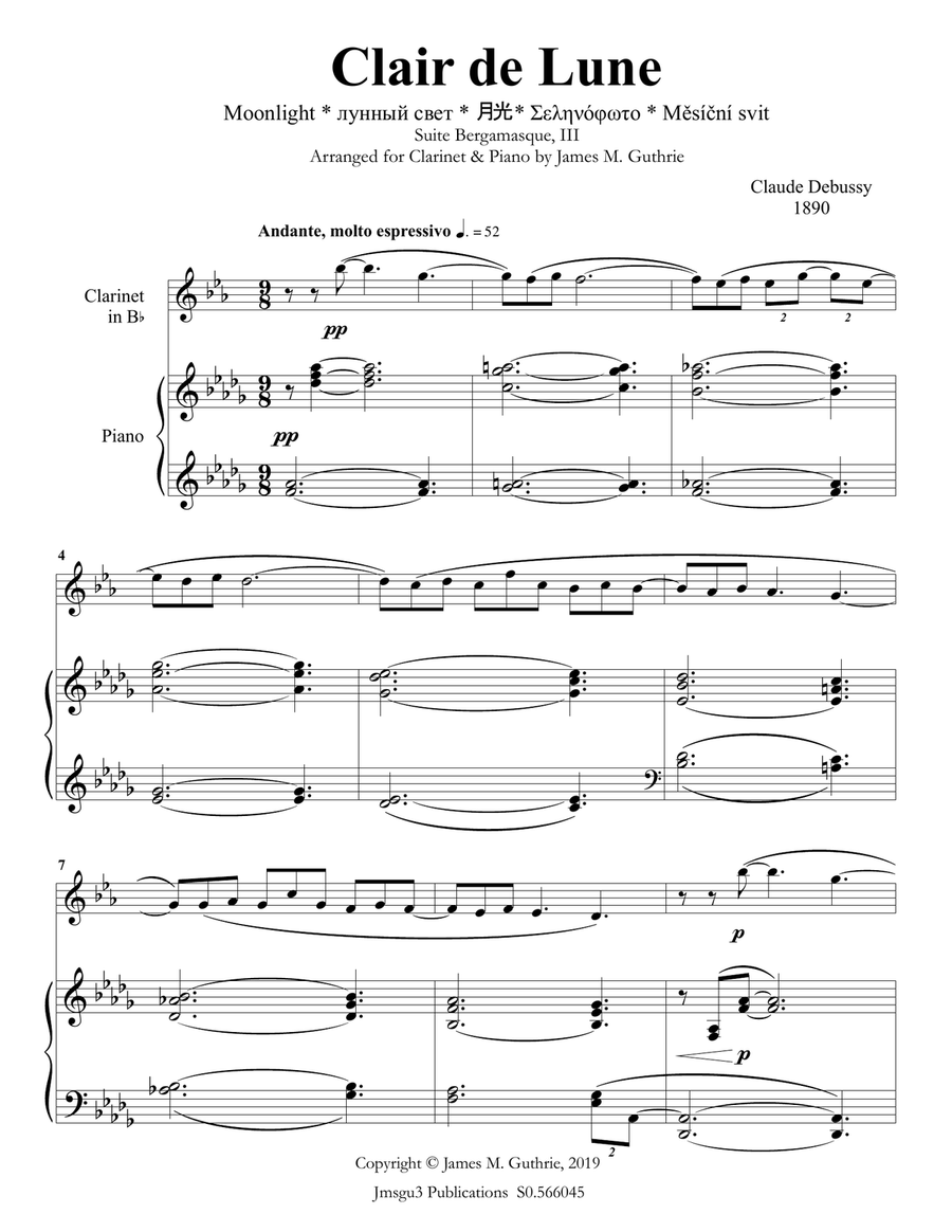 Debussy: Clair de Lune for Clarinet & Piano B-Flat Clarinet scores gallery preview page 1