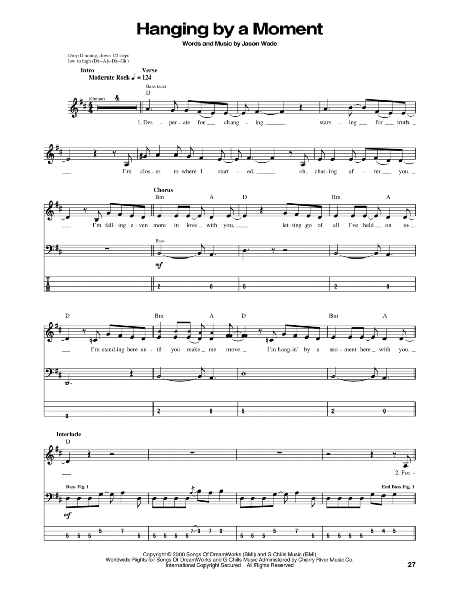 Hanging By A Moment Guitar Tablature scores gallery preview page 1