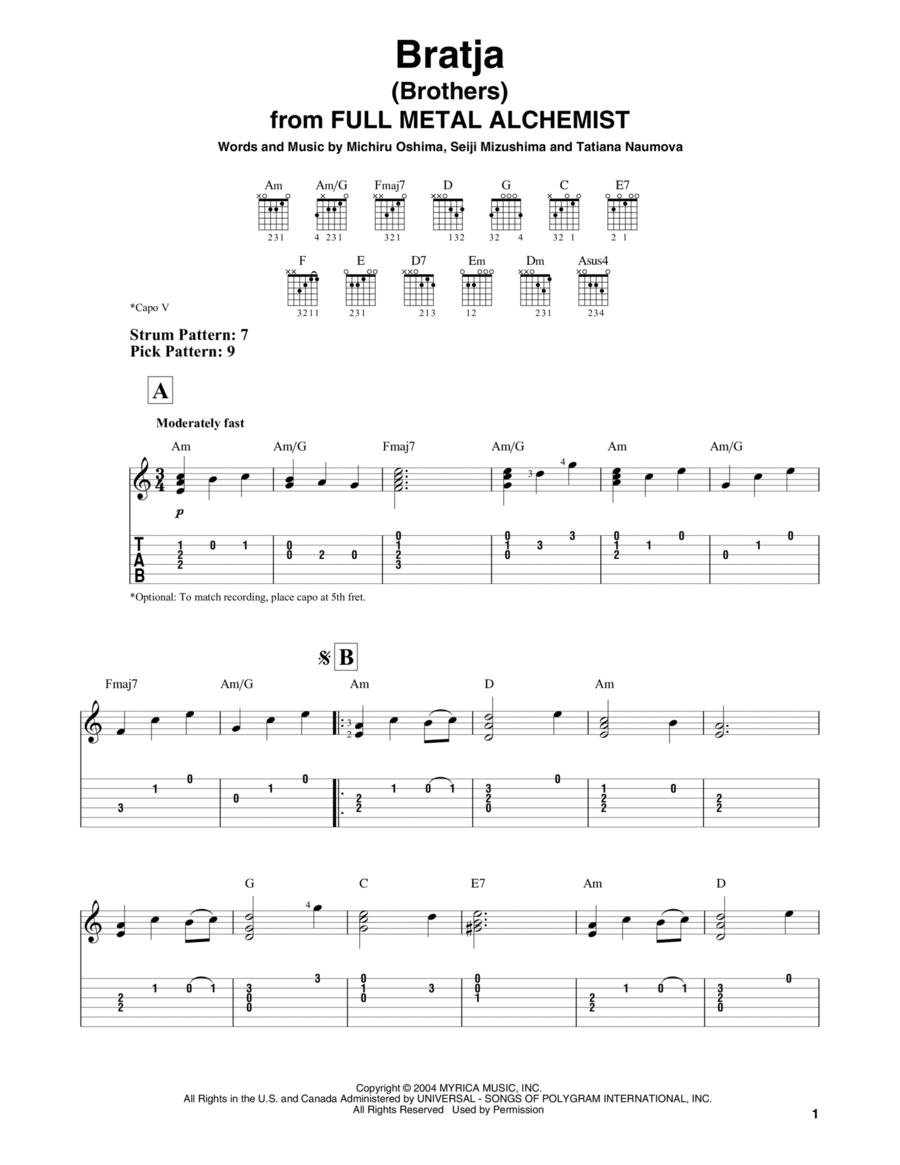 Bratja (Brothers) (from Full Metal Alchemist) Electric Guitar scores gallery preview page 1