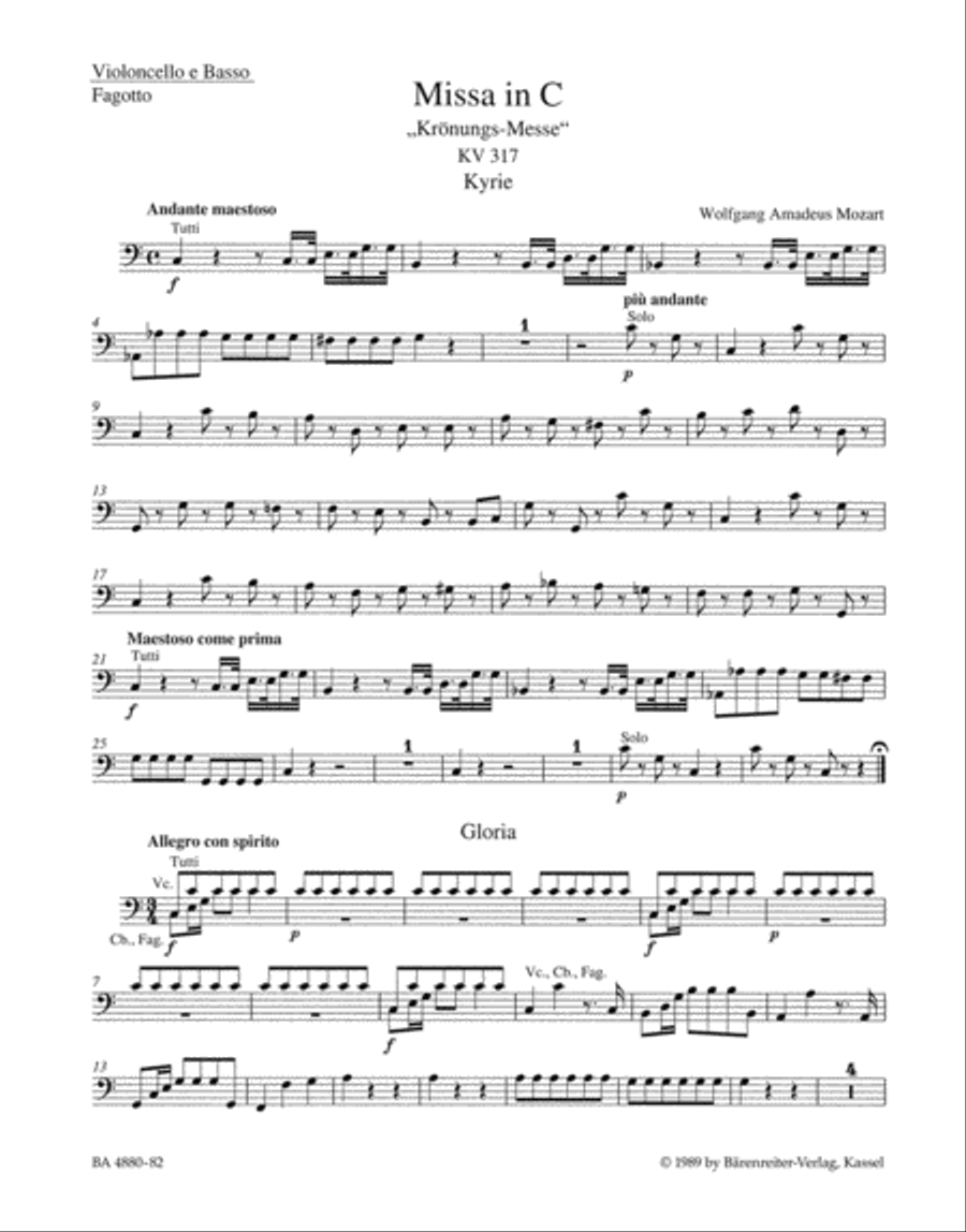 Missa C major, KV 317 'Coronation Mass' Bassoon scores gallery preview page 1