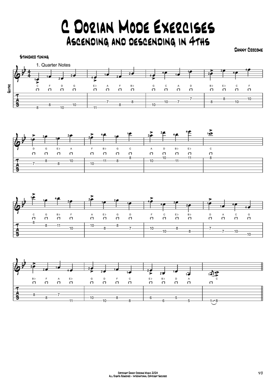 C Dorian Mode Exercises - Ascending and Descending in 4ths Acoustic Guitar scores gallery preview page 1