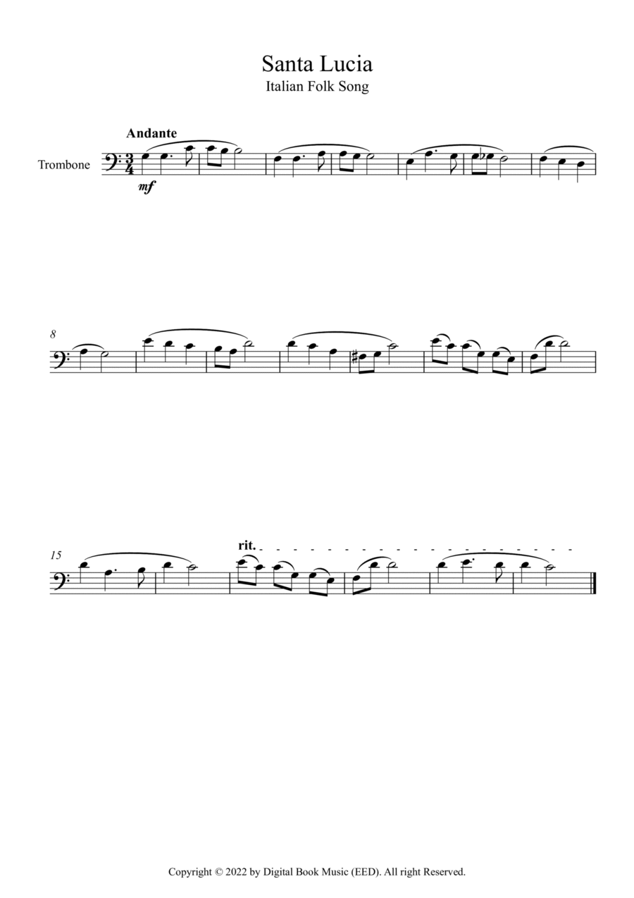 Santa Lucia - Italian Folk Song (Trombone) Trombone Solo scores gallery preview page 1