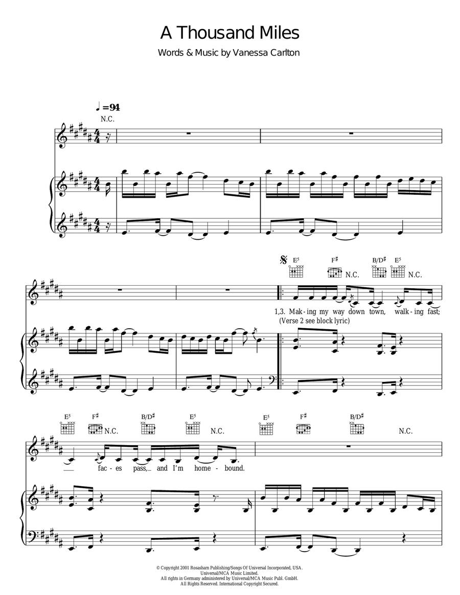 A Thousand Miles Piano, Vocal scores gallery preview page 1
