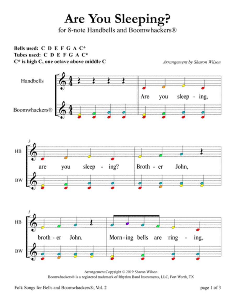 “Are You Sleeping?” for 8-note Bells and Boomwhackers® (with Color Coded Notes) image number null