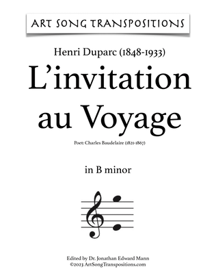 Book cover for DUPARC: L'invitation au Voyage (transposed to B minor)