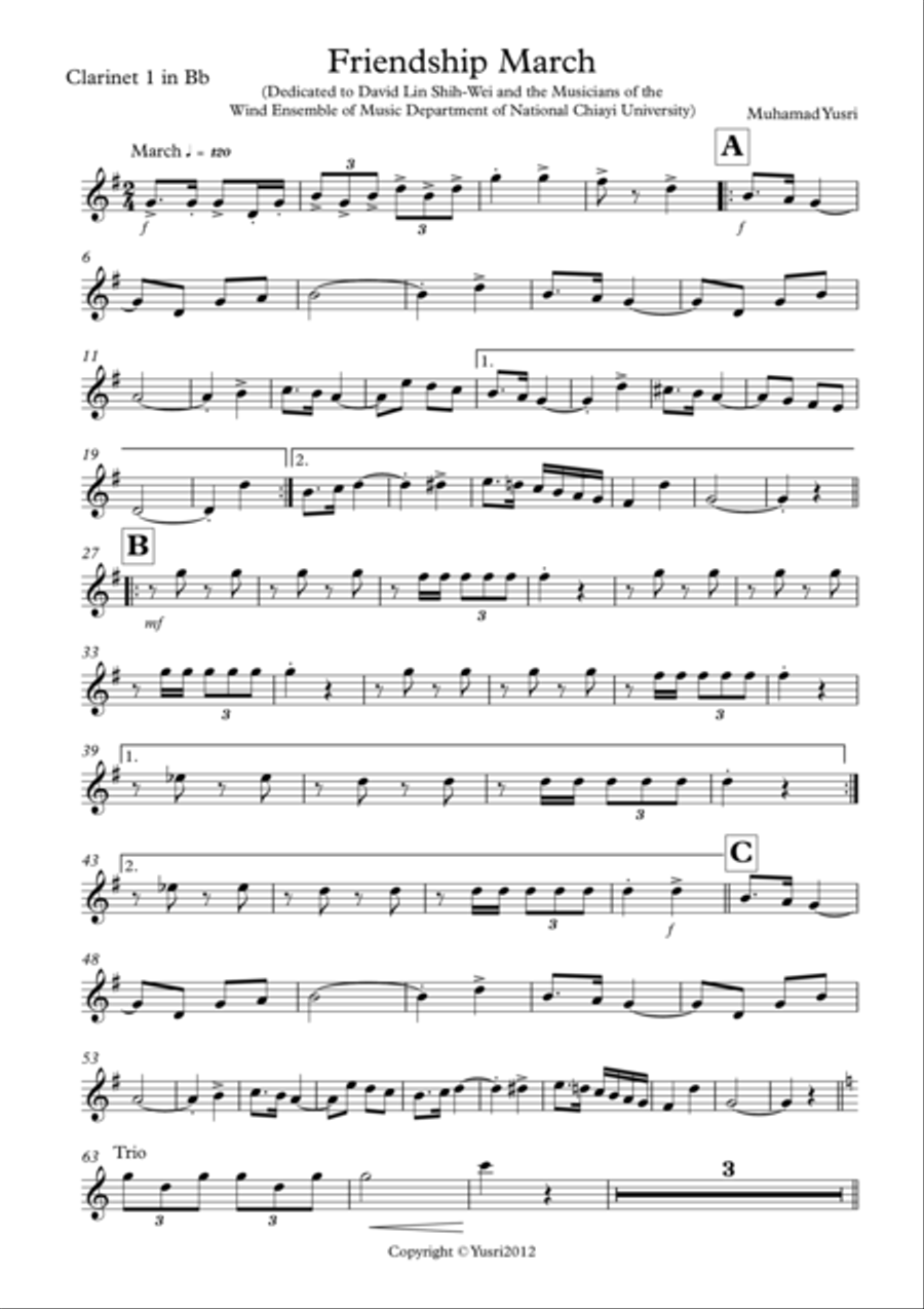 Friendship March (Clarinet 1 Part) Concert Band scores gallery preview page 1