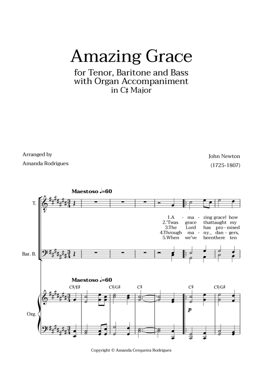 Amazing Grace in C# Major - Tenor, Bass and Baritone with Organ Accompaniment and Chords image number null