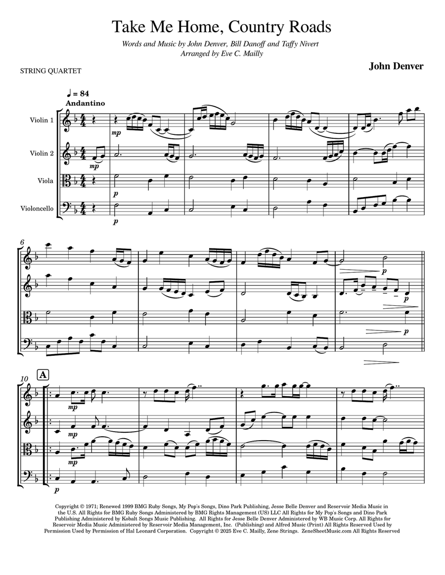 Take Me Home, Country Roads String Quartet scores gallery preview page 1