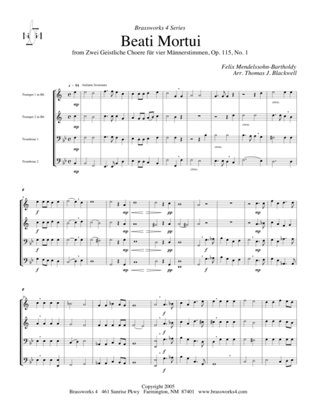 Beati Mortui, Op. 115, No. 1 by Felix Bartholdy Mendelssohn Brass Quartet - Digital Sheet Music