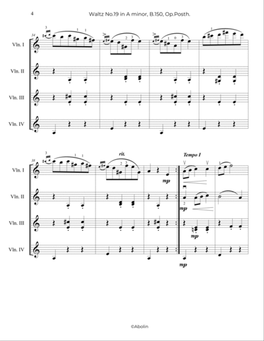 Chopin: Waltz No.19, B.150 - arr. for Violin Quartet Chamber Music scores gallery preview page 5