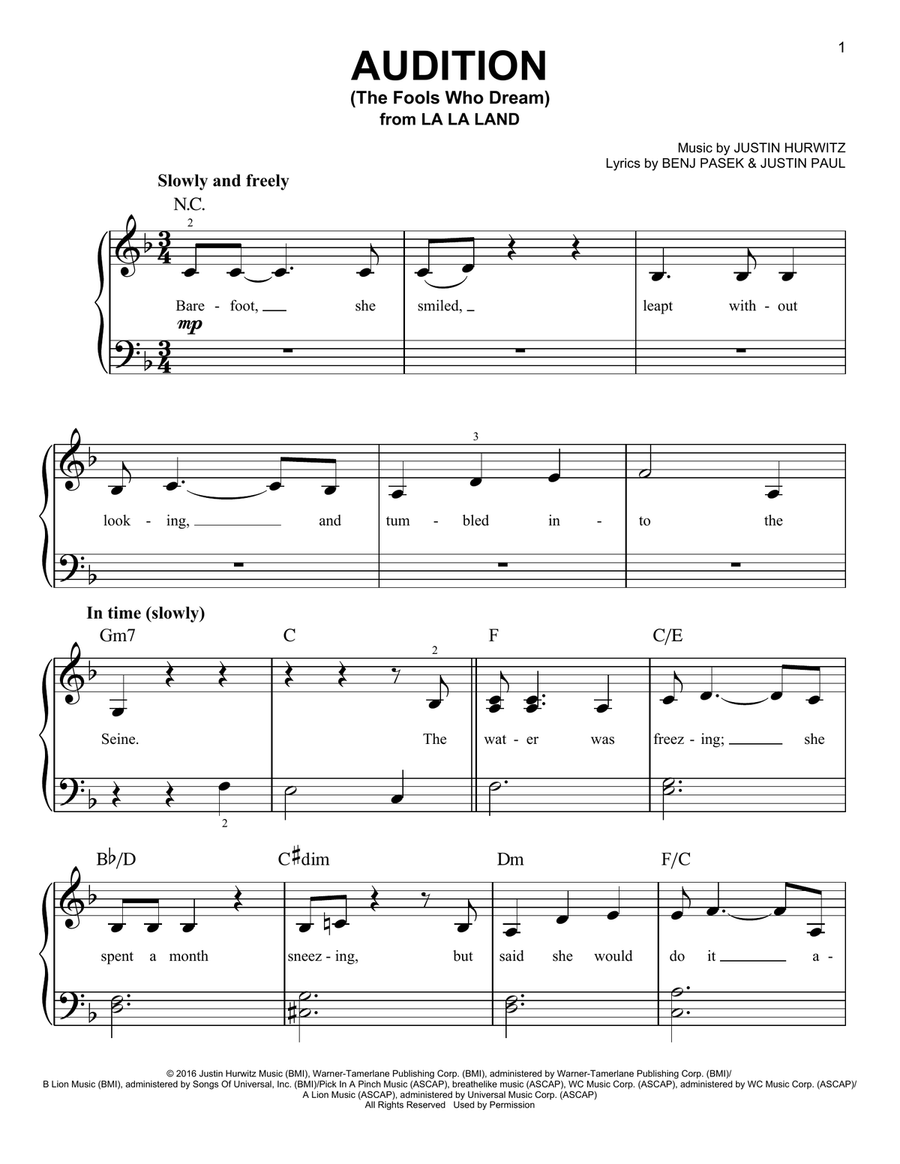 Audition (The Fools Who Dream) Easy Piano scores gallery preview page 1