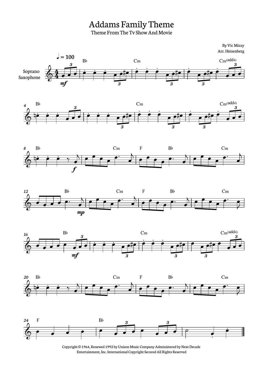 Addams Family Theme Soprano Saxophone scores gallery preview page 1