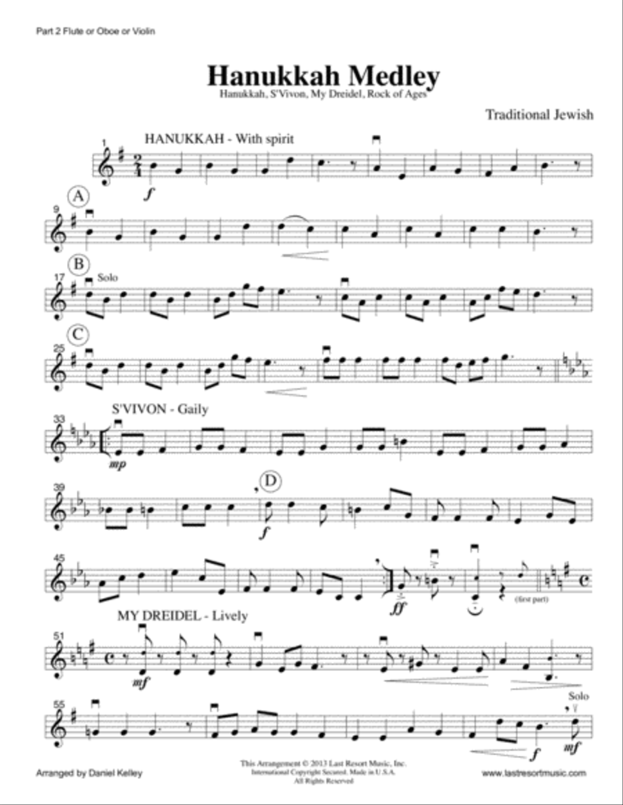 Hanukkah Medley (Hanukkah, S'Vivon, My Dreidel, Rock of Ages) for Two Violins & Viola (or Two Flutes Large Ensemble scores gallery preview page 6