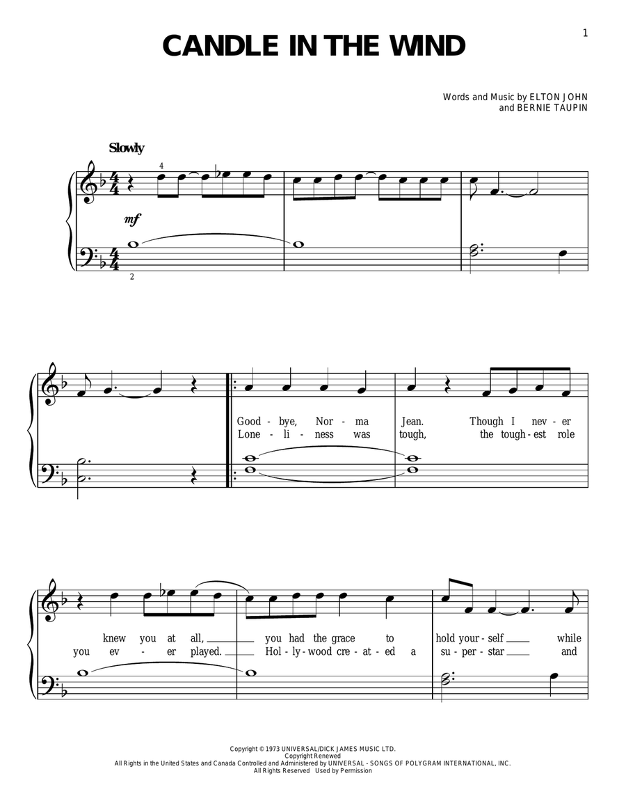Candle In The Wind Candle In The Wind Easy Piano scores gallery preview page 1