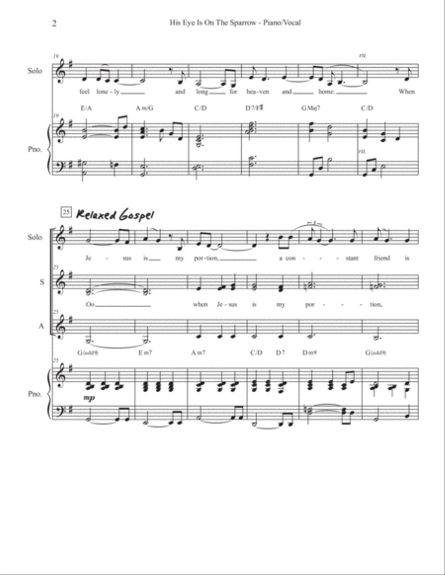 His Eye Is On The Sparrow (SSA Piano/Vocal) SSA scores gallery preview page 3