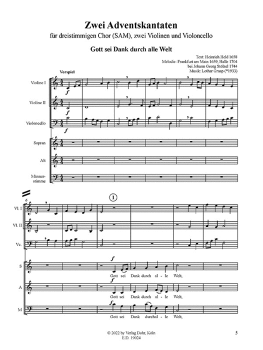Zwei Adventskantaten für dreistimmigen Chor, zwei Violinen und Violoncello 3-Part scores gallery preview page 2