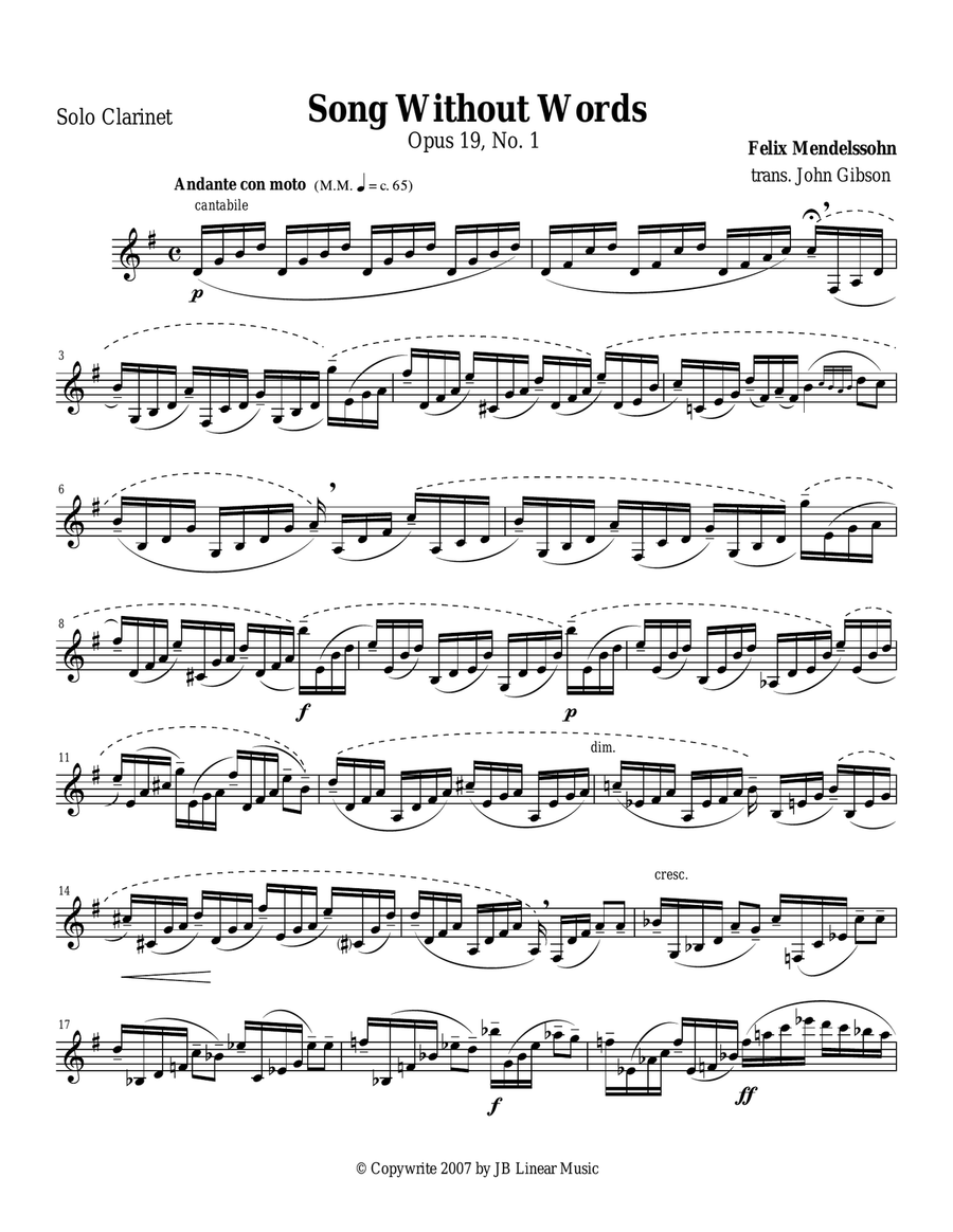 Mendelssohn - Song Without Words for clarinet (unaccompanied) Clarinet Solo scores gallery preview page 1